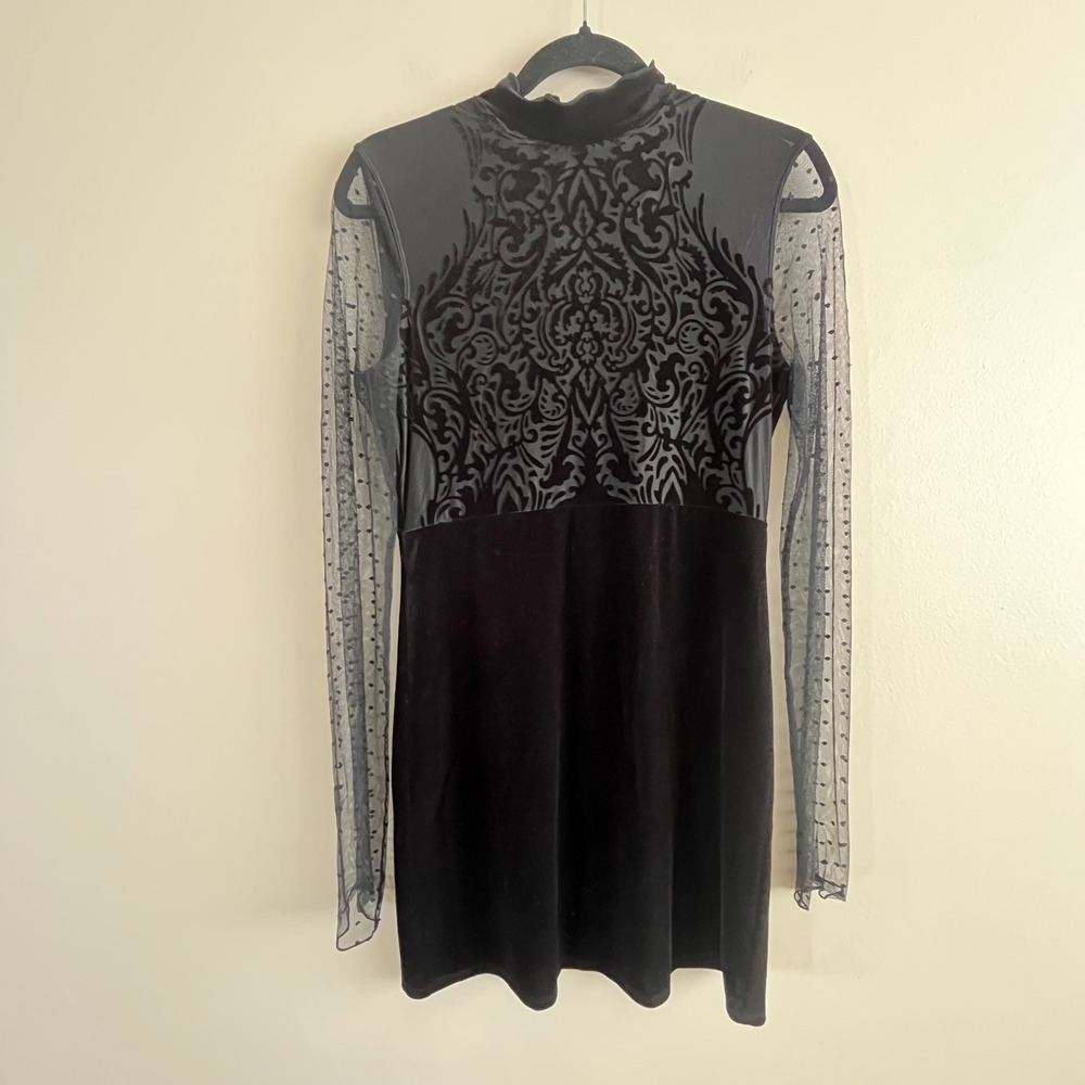 Free People Black Velvet Mini Dress Burnout Mesh Mock Neck Sheer Sleeve M